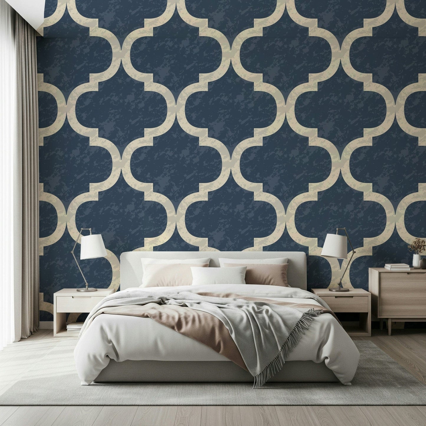 Peel and stick wallpaper Moroccan Ogee Twilight Blue design.