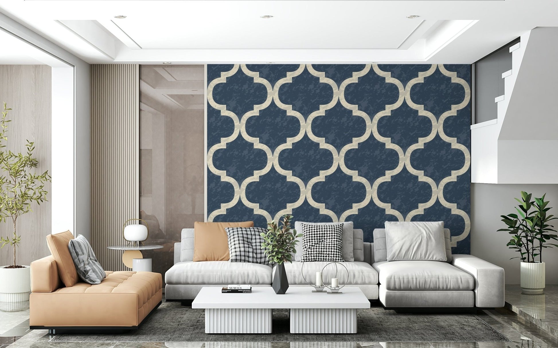 Moroccan Ogee Twilight Blue peel and stick wallpaper trendy.