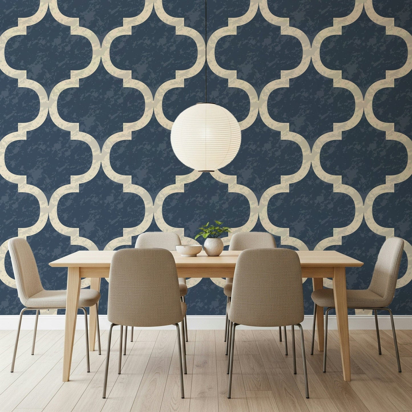 Moroccan Ogee Twilight Blue wallpaper mural chic geometric style.