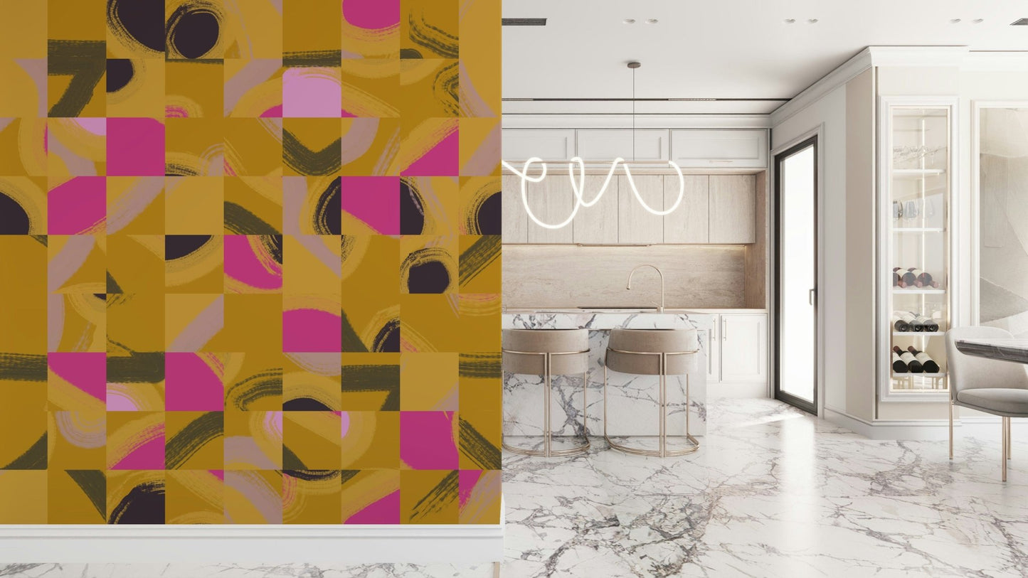 Mosaic Brushstrokes Abstract wallpaper for vibrant living room decor option.