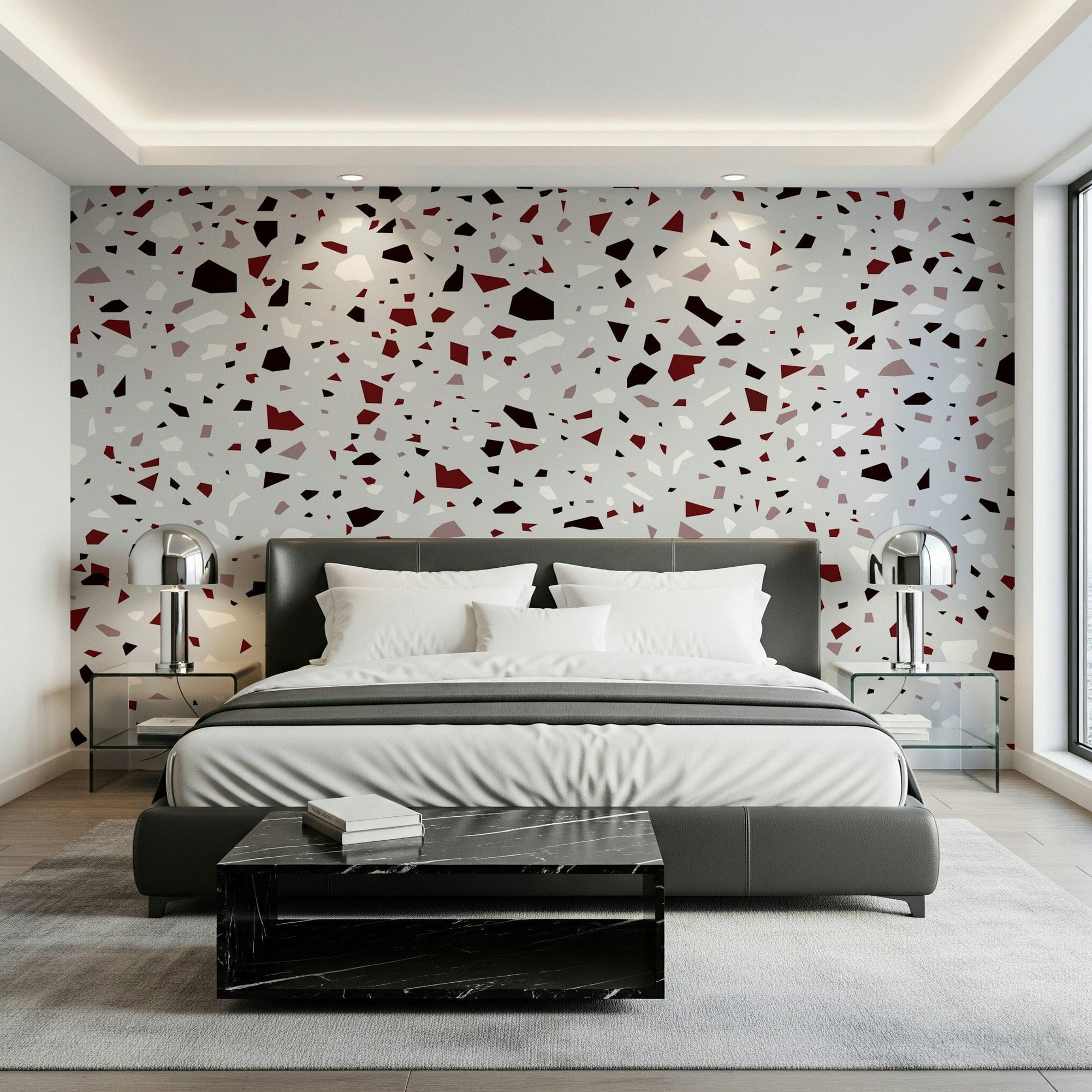 A beautiful abstract mosaic wallpaper mural with a burgundy burst pattern., GD5520