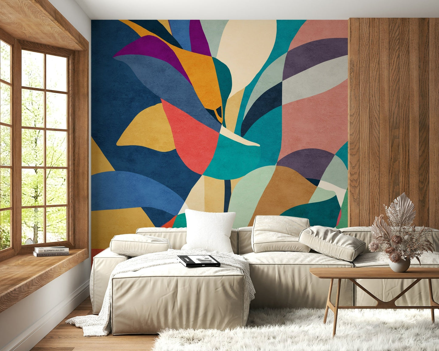 Pink and green mosaic wallpaper mural for a stylish flat hallway., GD7871
