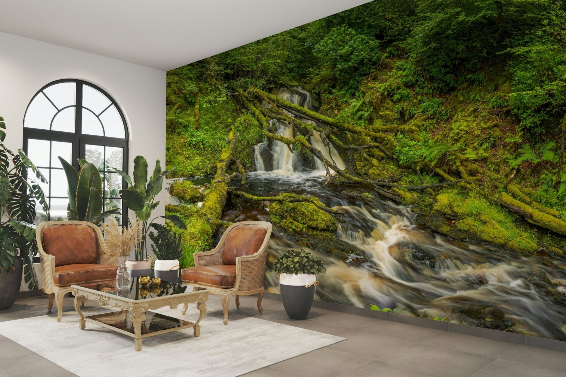 The wallpaper is used as a feature wall in a bedroom.

