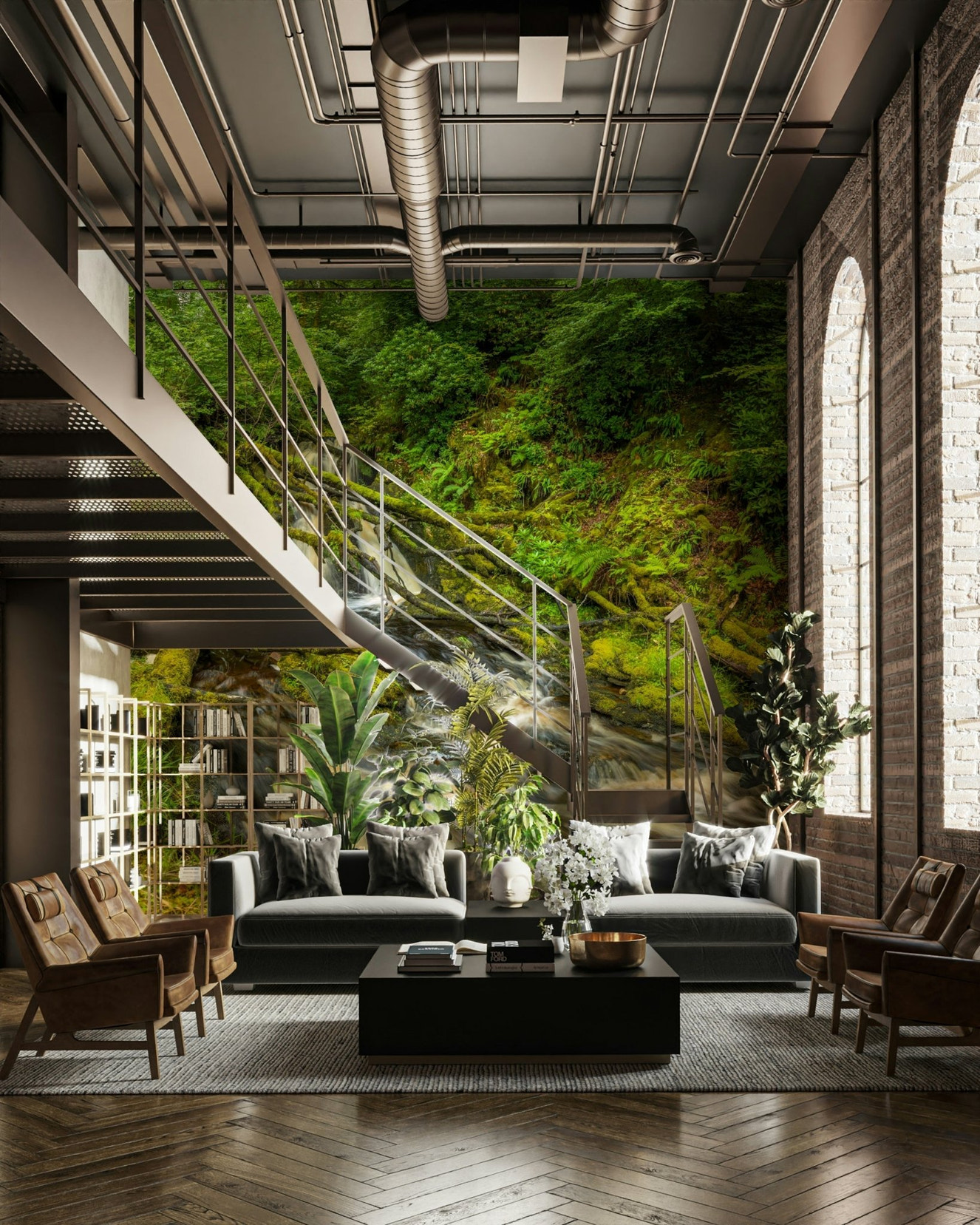 A beautiful peaceful wall mural of mossy falls.

