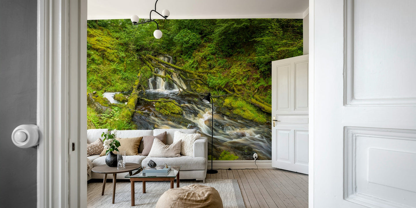 A minimalist interior with the forest waterfall wallpaper.

