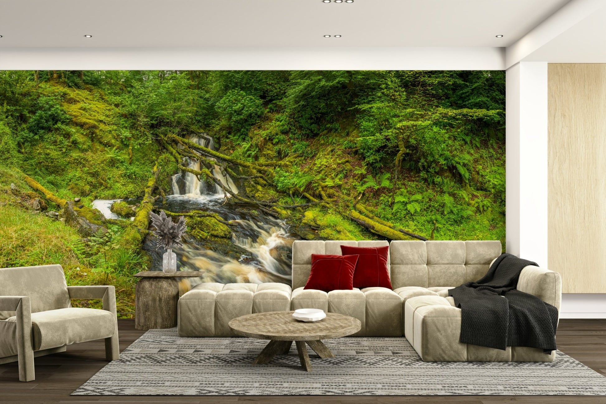 A living room featuring the serene waterfall mural.


