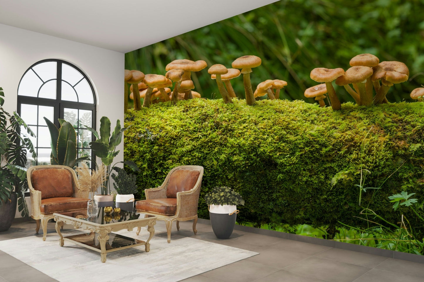 Botanical wallpaper with woodland mushroom view

