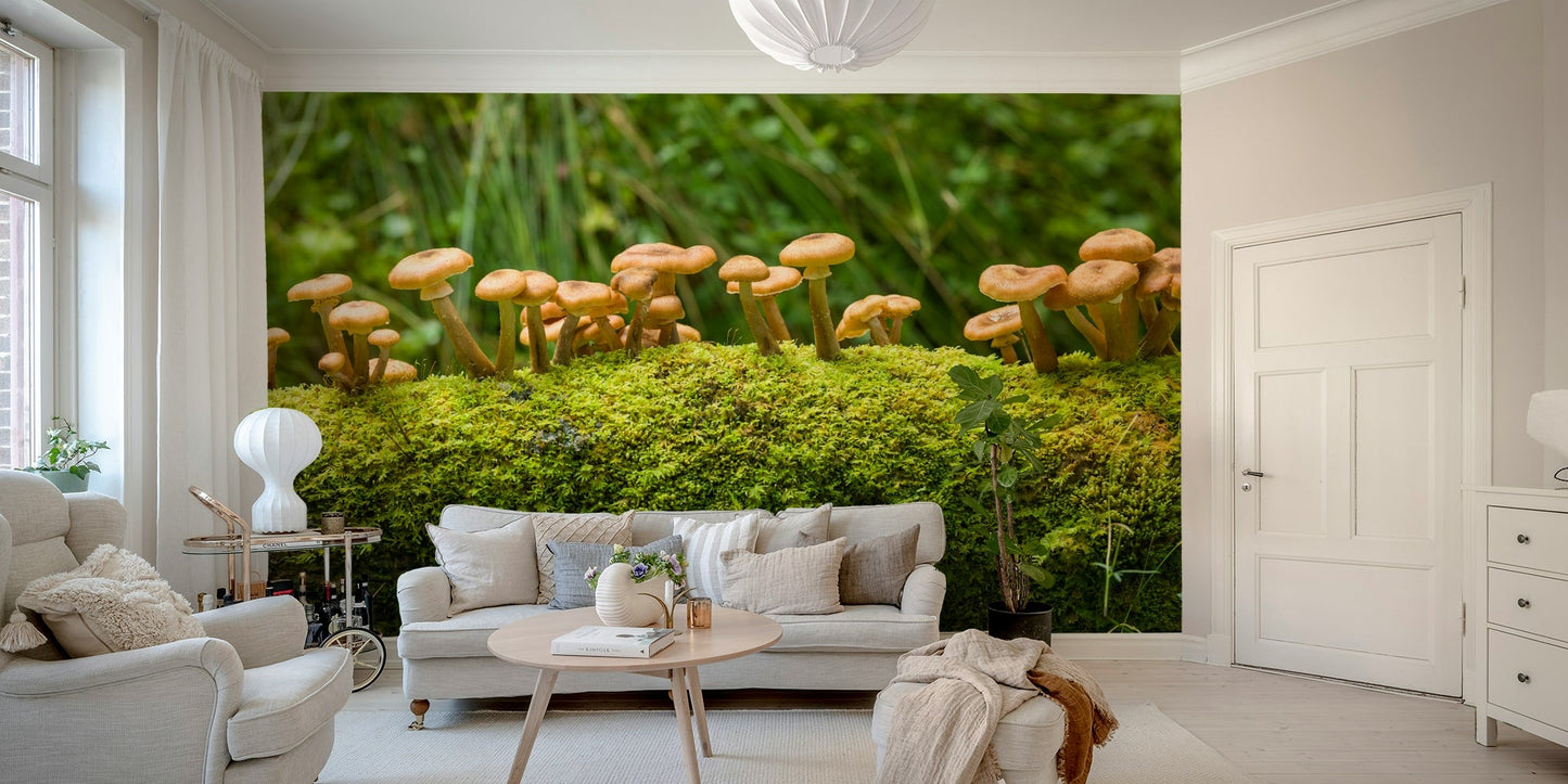 Nature-inspired mural featuring forest mushrooms

