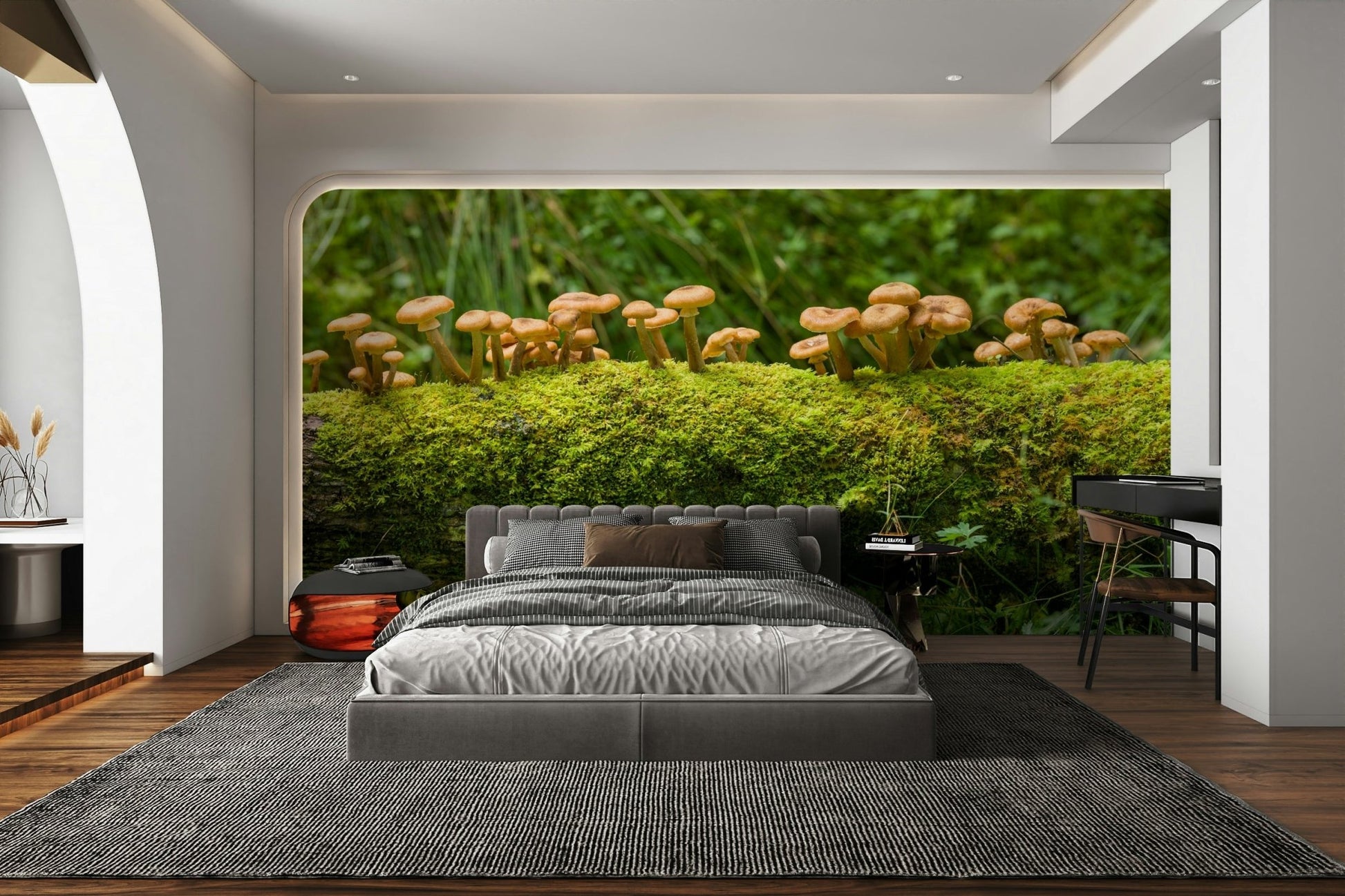 Mossy log with mushrooms wall mural

