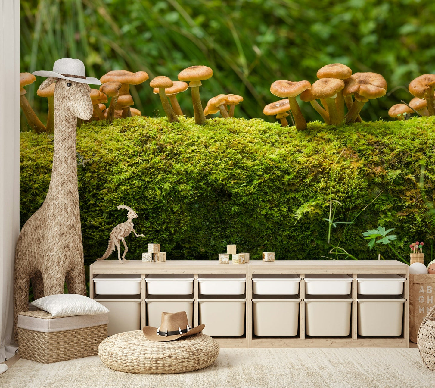 Woodland mural with fungi and moss detail

