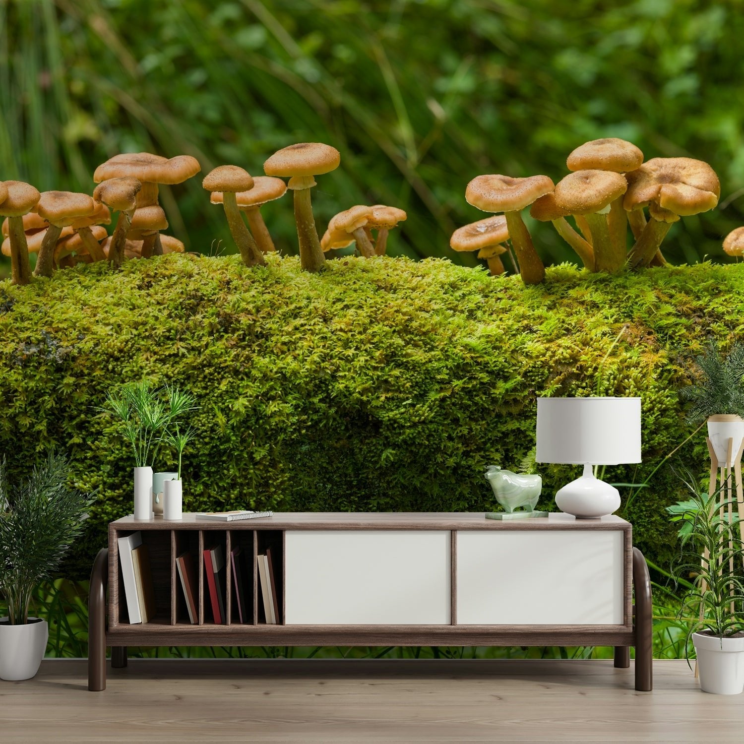 Mushrooms growing on mossy wood wallpaper

