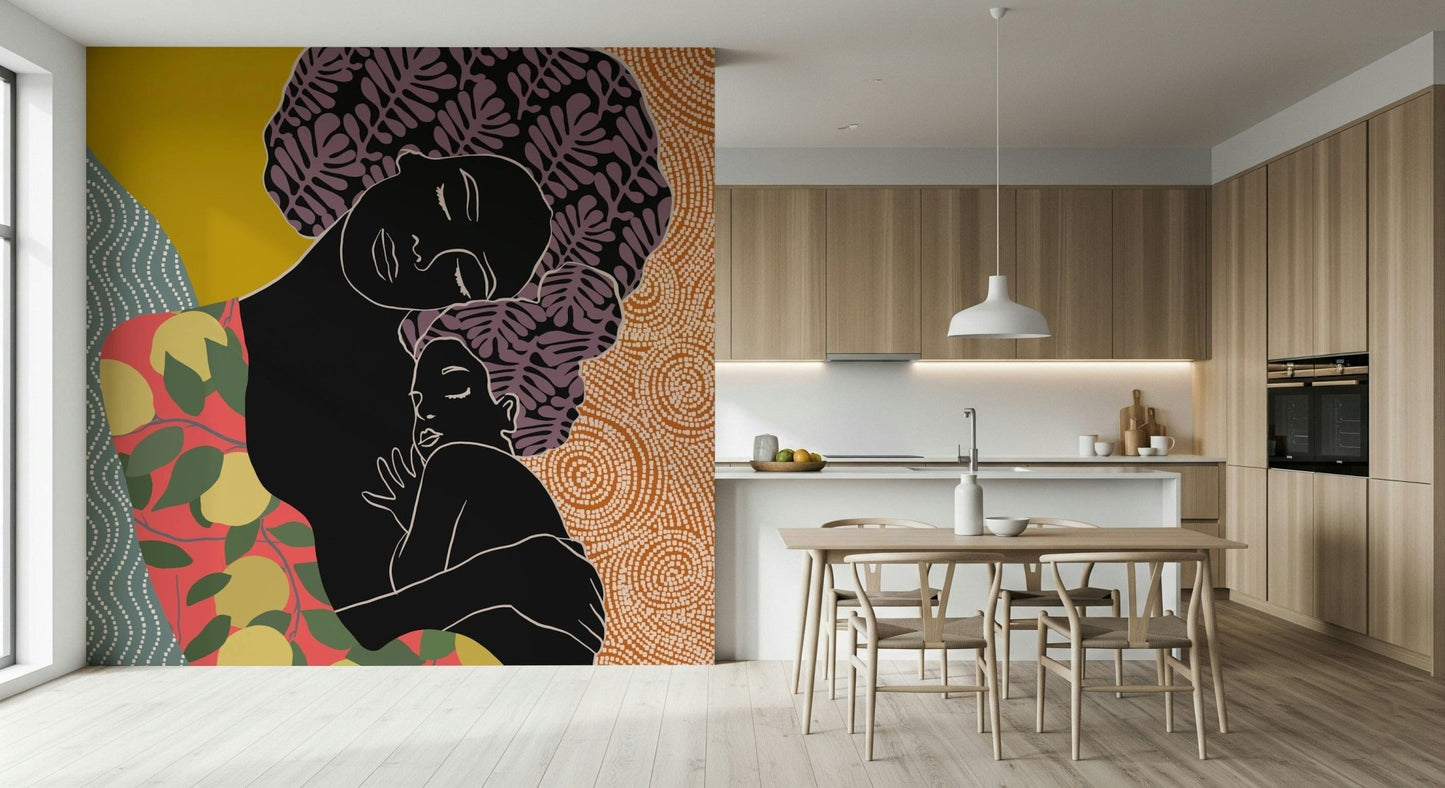 Minimalist mother and child wallpaper mural in a modern living room., GD7872