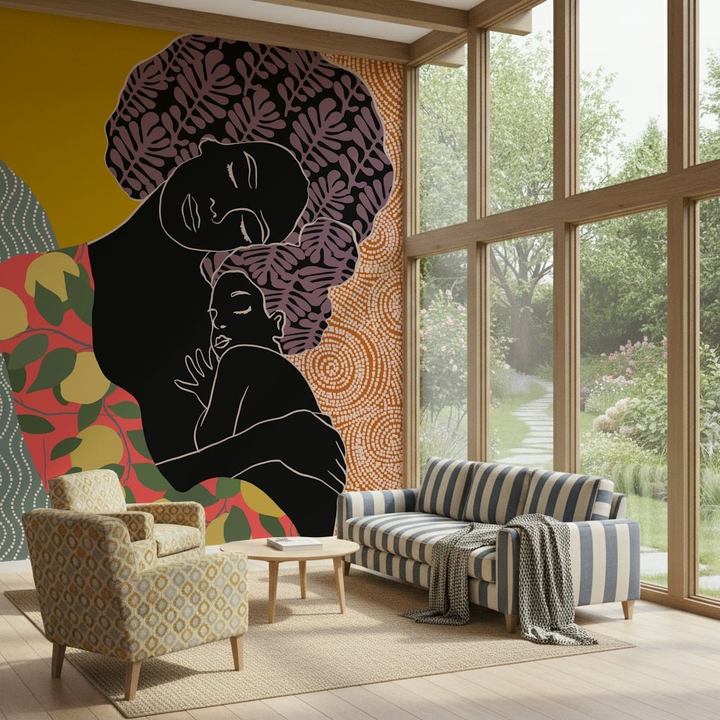 Artistic line drawing wallpaper mural of a mother for an office., GD7872