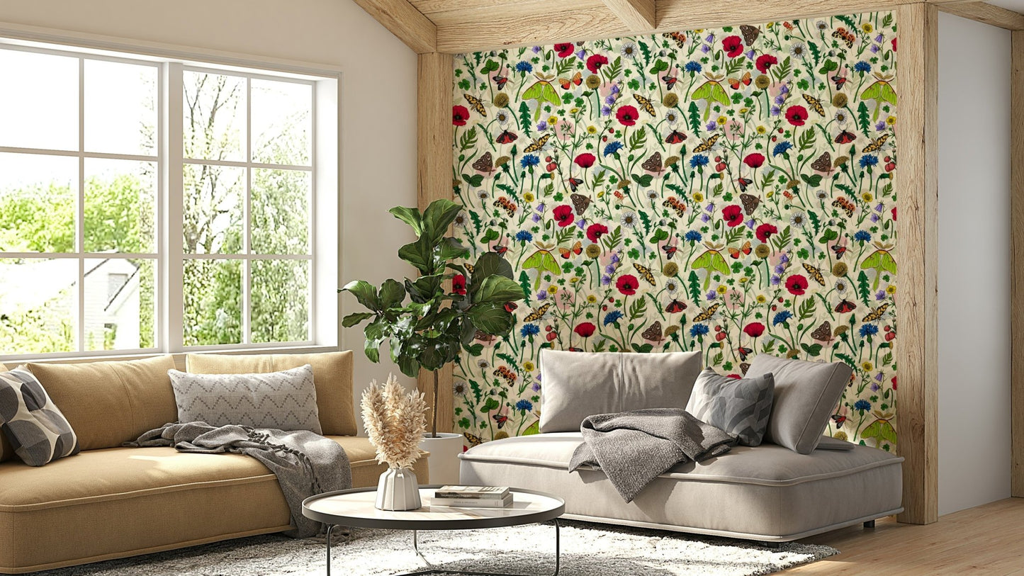 Elegant moths and wildflowers design for a serene room.


