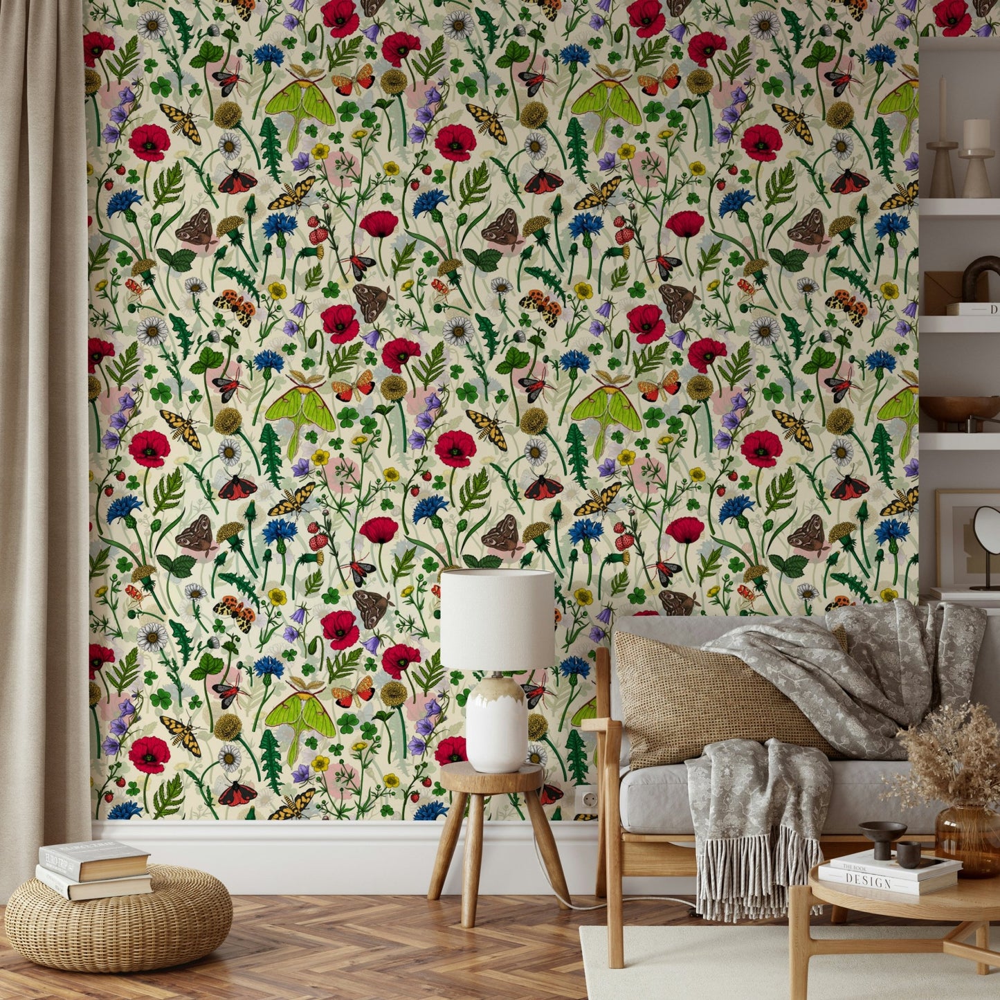 Elegant moths among wildflowers on soft background wallpaper.

