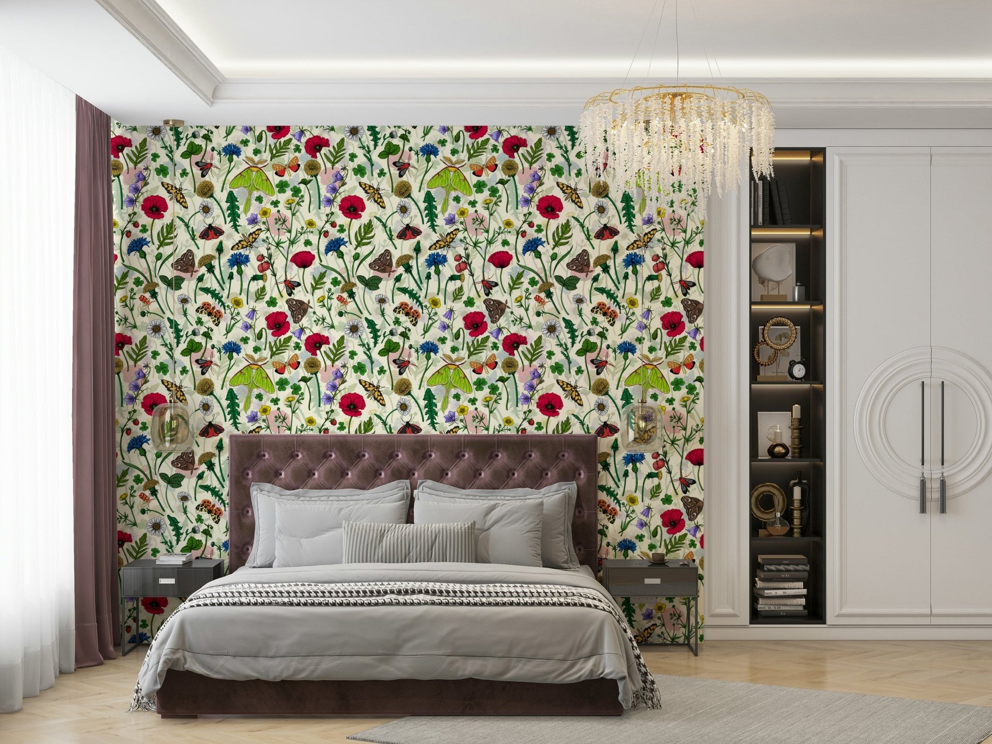 Wildflower and moth wallpaper design with natural motifs.

