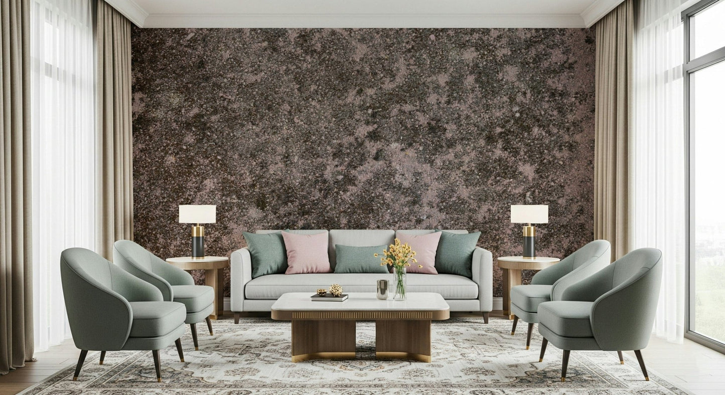 Mottled Earth wallpaper mural providing a rich, textural element behind a sofa.