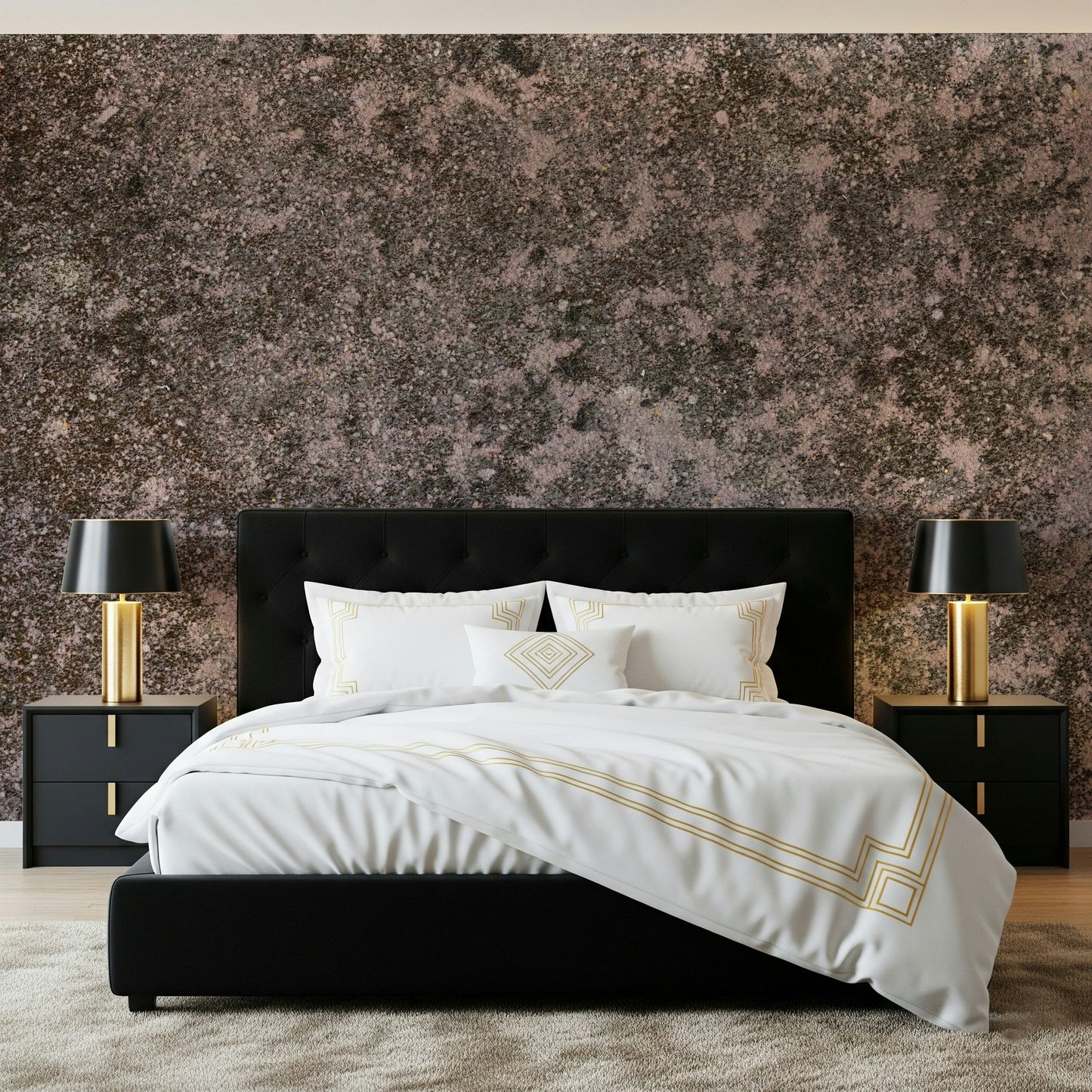 Bedroom accent wall with the soothing Mottled Earth peel and stick mural.