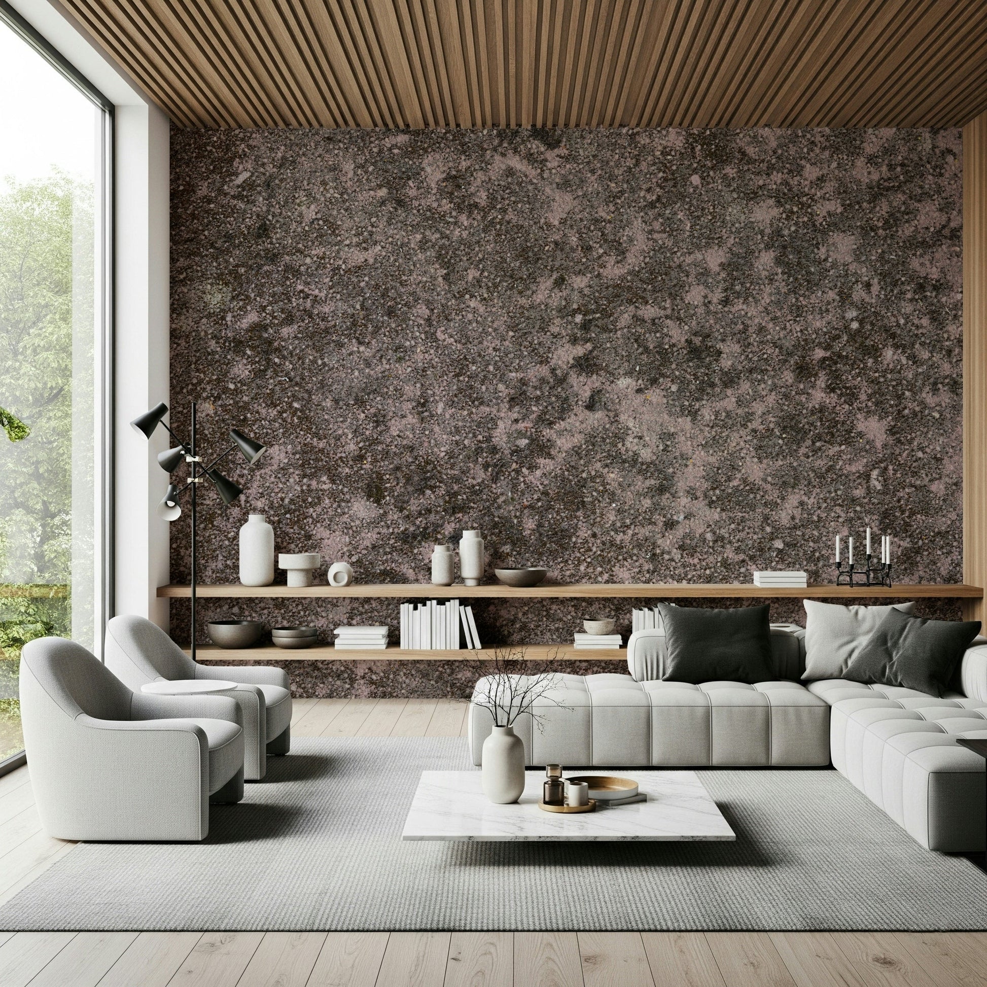 Full serene living room featuring the organic Mottled Earth wallpaper for walls.