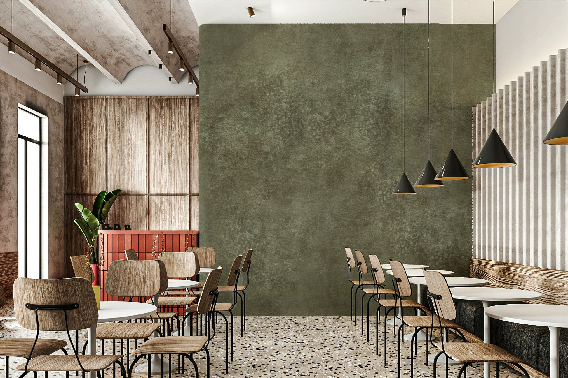 Muted green wallpaper with depth
