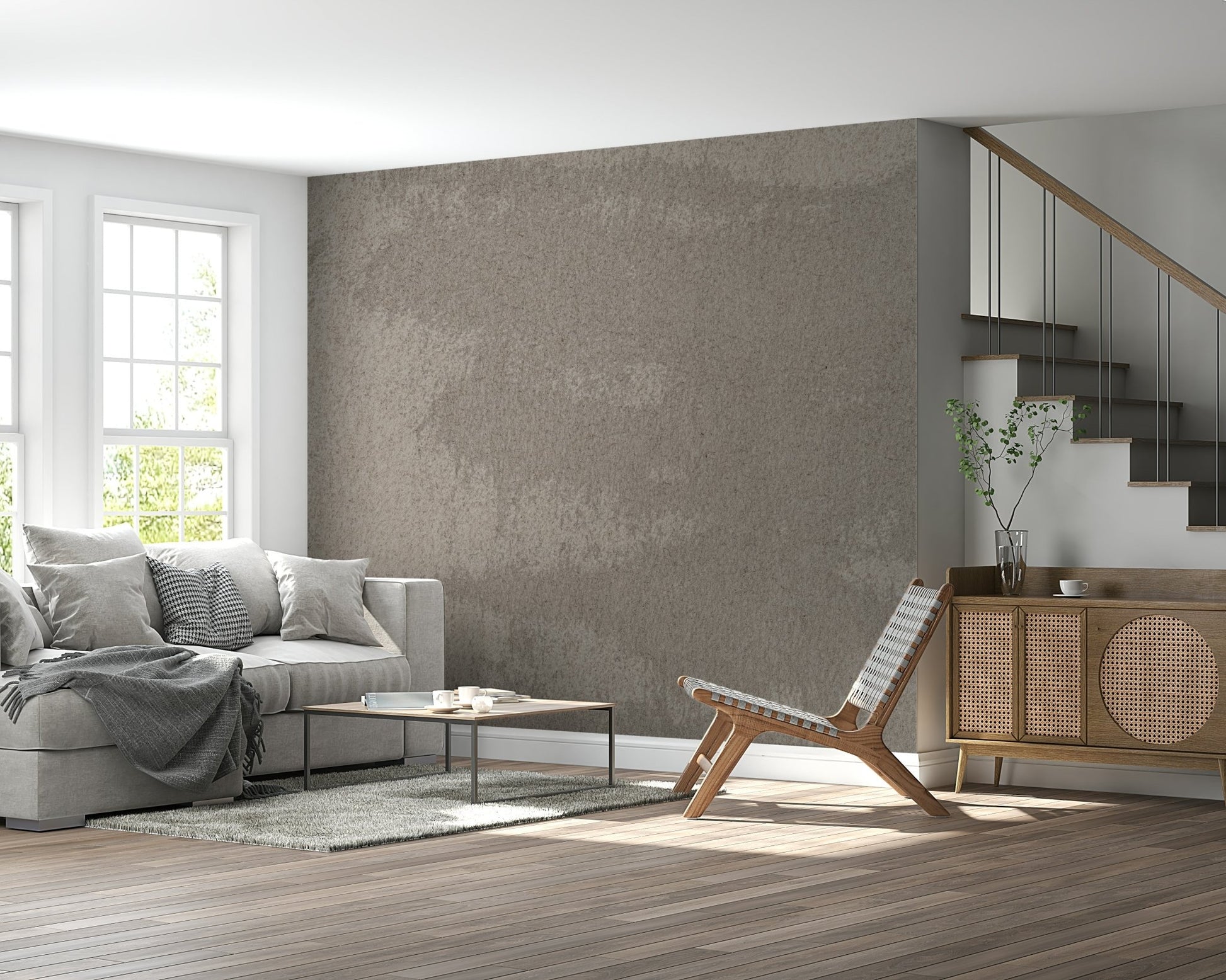 Full living room featuring the textured Mottled Stone Wall Mural.