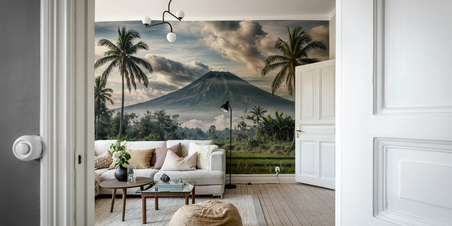 The image shows an artistic impression of the majestic Mount Agung.

