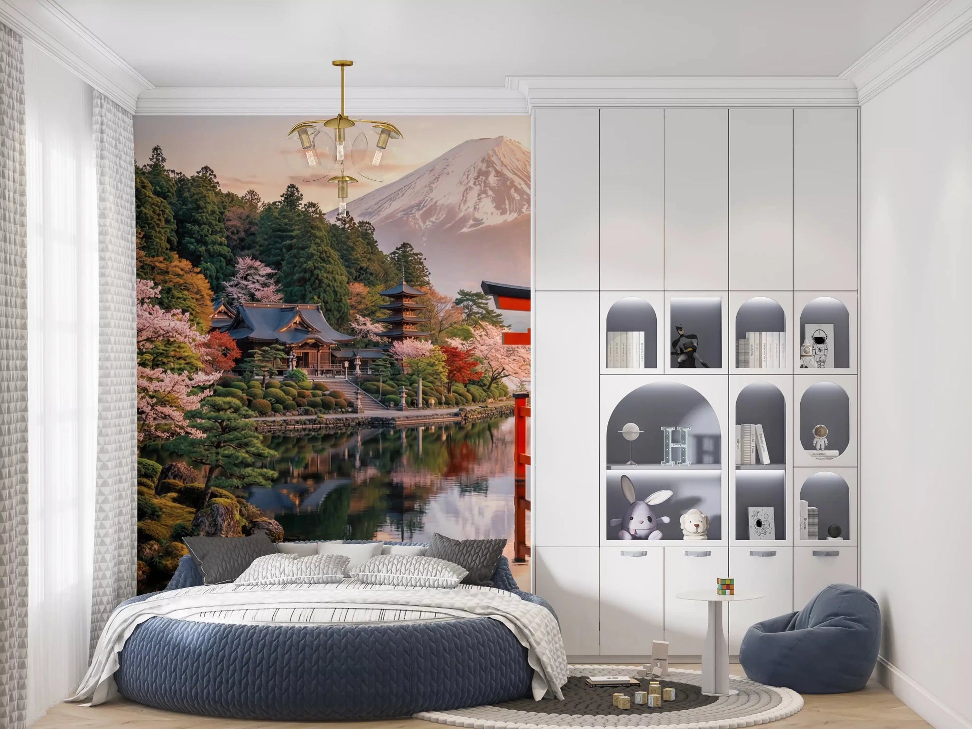 Calm bedroom featuring Mount Fuji Dream Wall Mural above a neatly made bed, GD8929