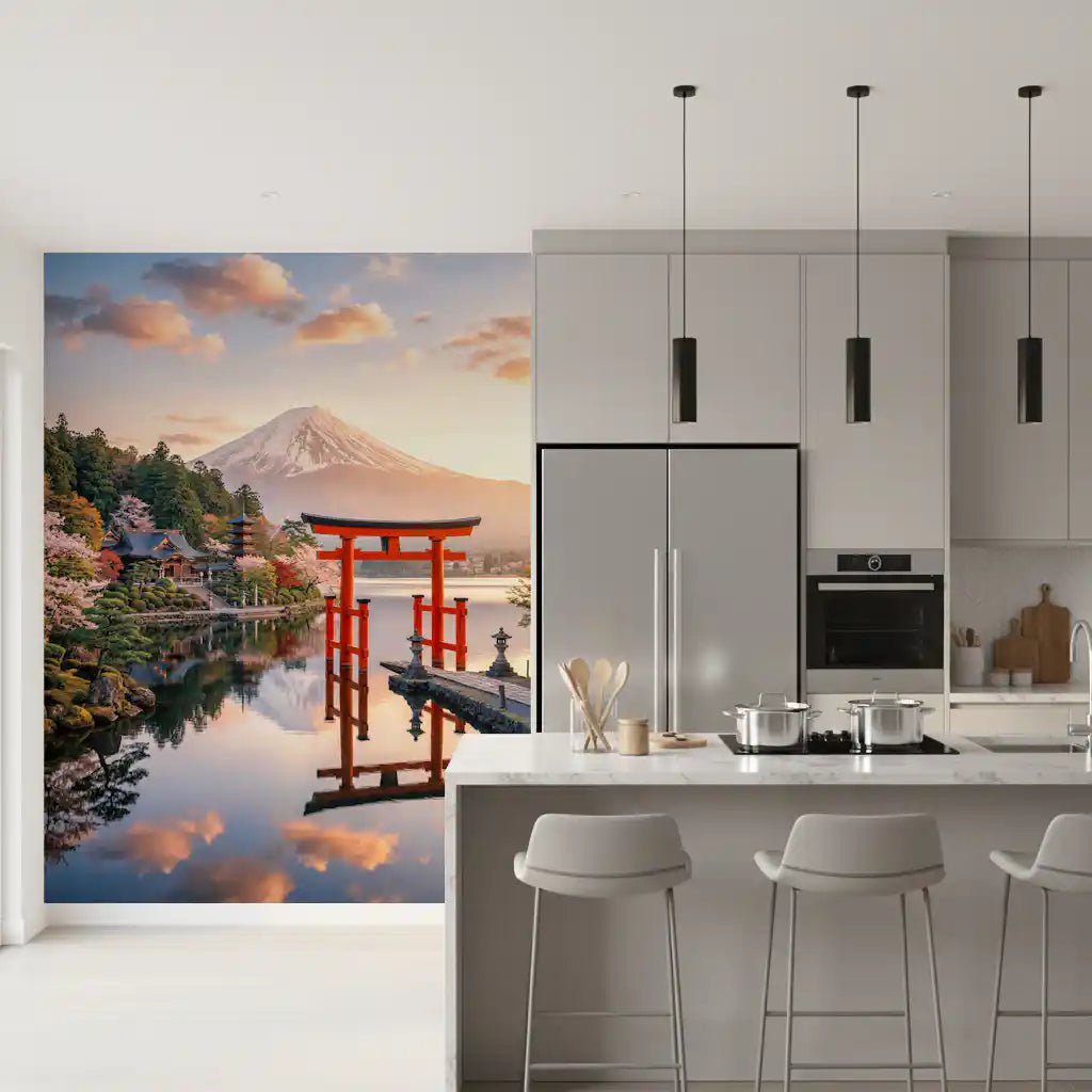 Sleek white kitchen featuring Mount Fuji Dream Wall Mural near the island, GD8929