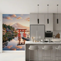 Sleek white kitchen featuring Mount Fuji Dream Wall Mural near the island, GD8929