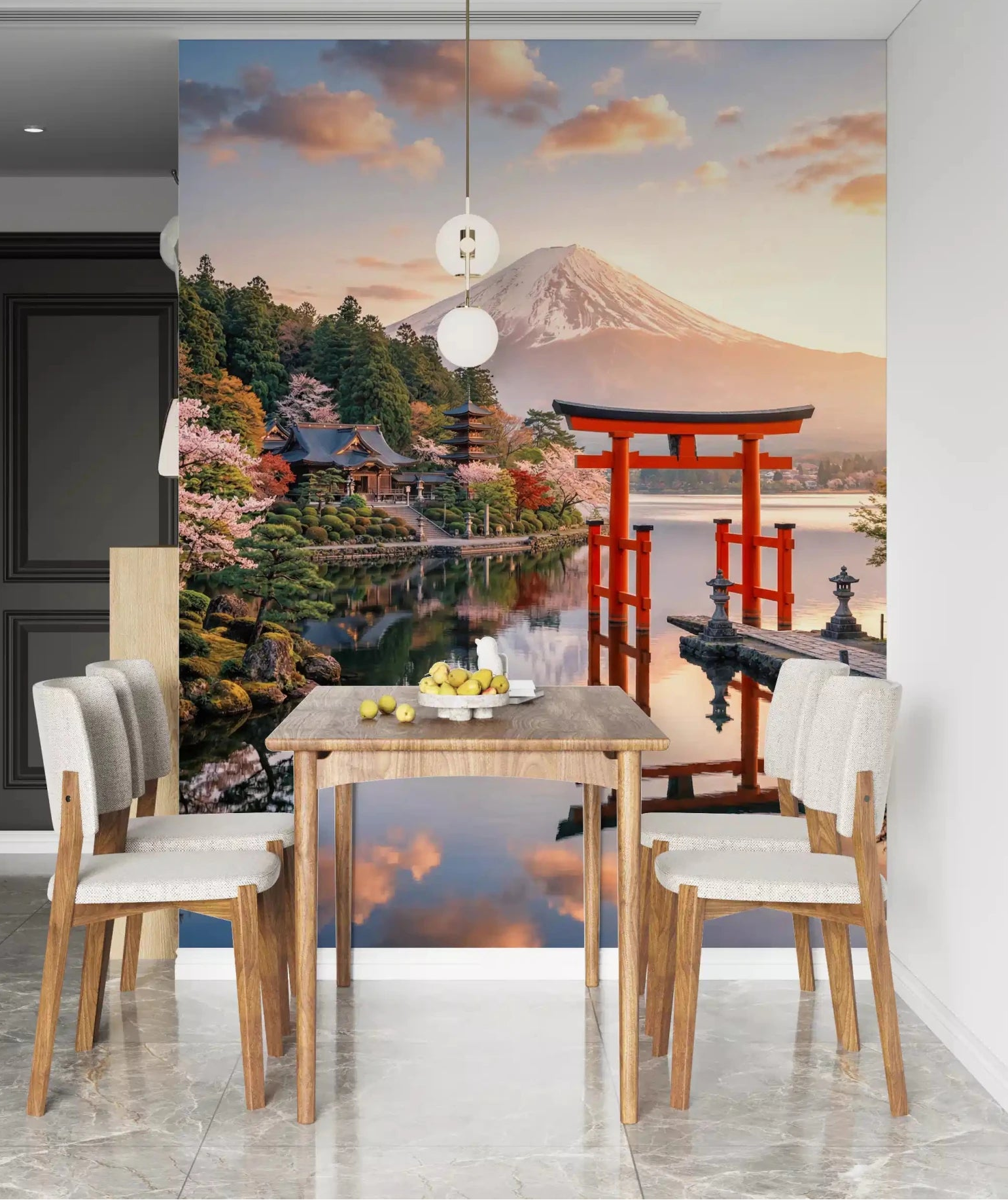 Mount Fuji Dream Wall Mural behind a dining table in a bright dining area, GD8929
