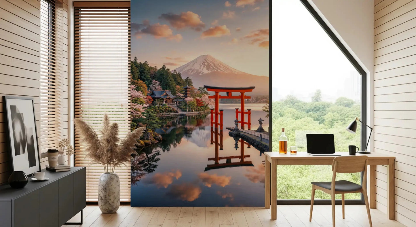 Home office  with Mount Fuji Dream Wall Mural beside a low modern sofa, GD8929