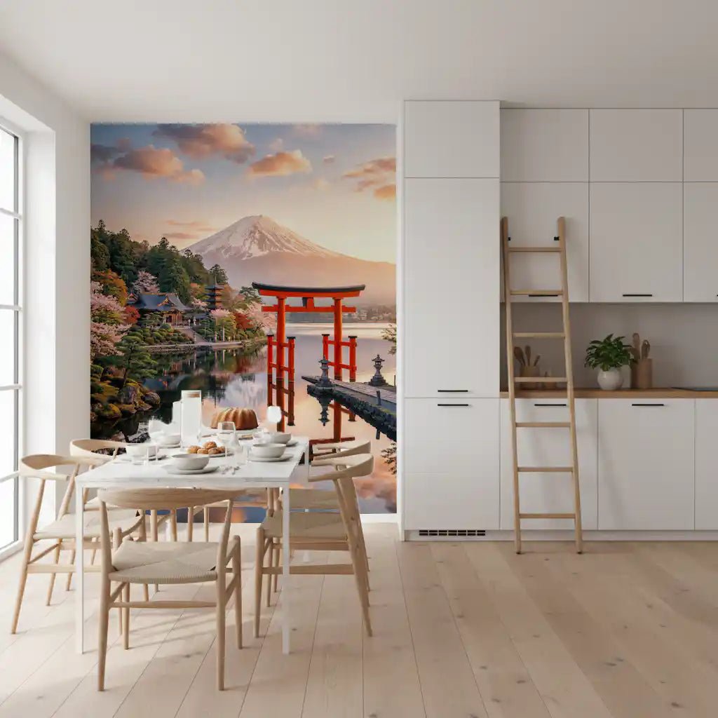 Bright Dininng centred on Mount Fuji Dream Wall Mural between large windows, GD8929