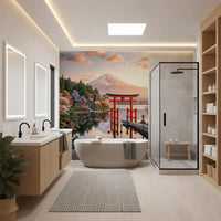 Soft neutral bathroom finished with Mount Fuji Dream Wall Mural at the far wall, GD8929