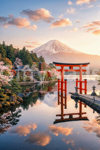 Snowy peak and waterside torii in Mount Fuji Dream Wall Mural at golden dawn glow, GD8929