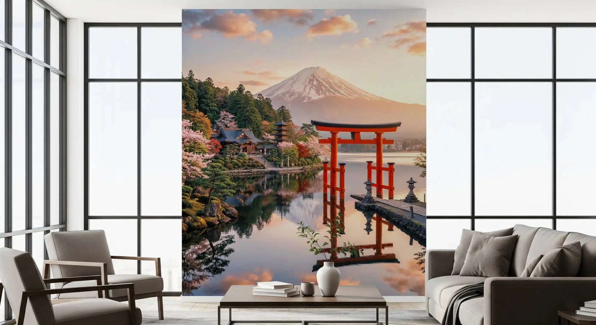 Light-filled Living space with Mount Fuji Dream Wall Mural by black windows, GD8929
