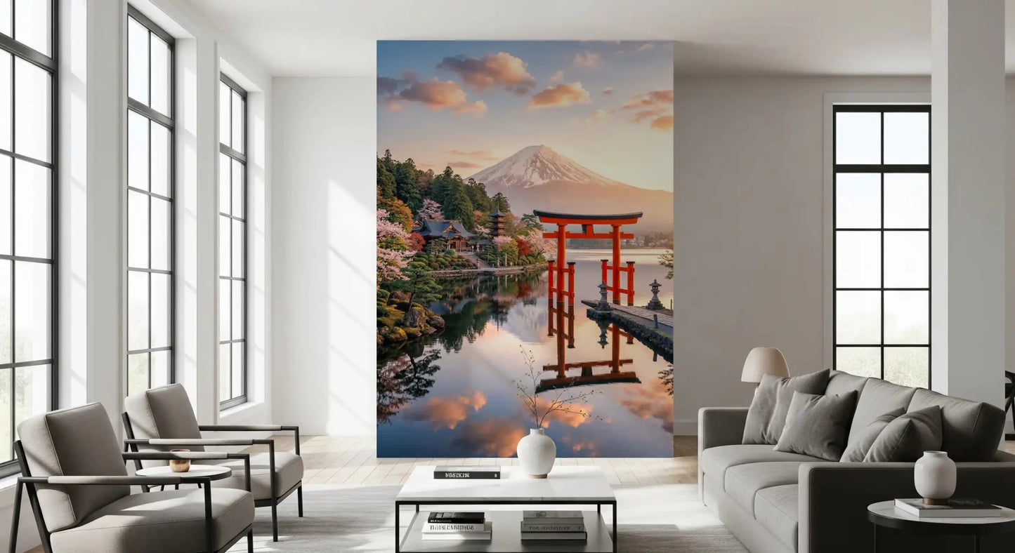 Warm Living room showing Mount Fuji Dream Wall Mural above a wood sideboard, GD8929