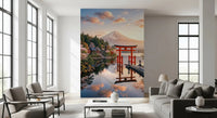 Warm Living room showing Mount Fuji Dream Wall Mural above a wood sideboard, GD8929
