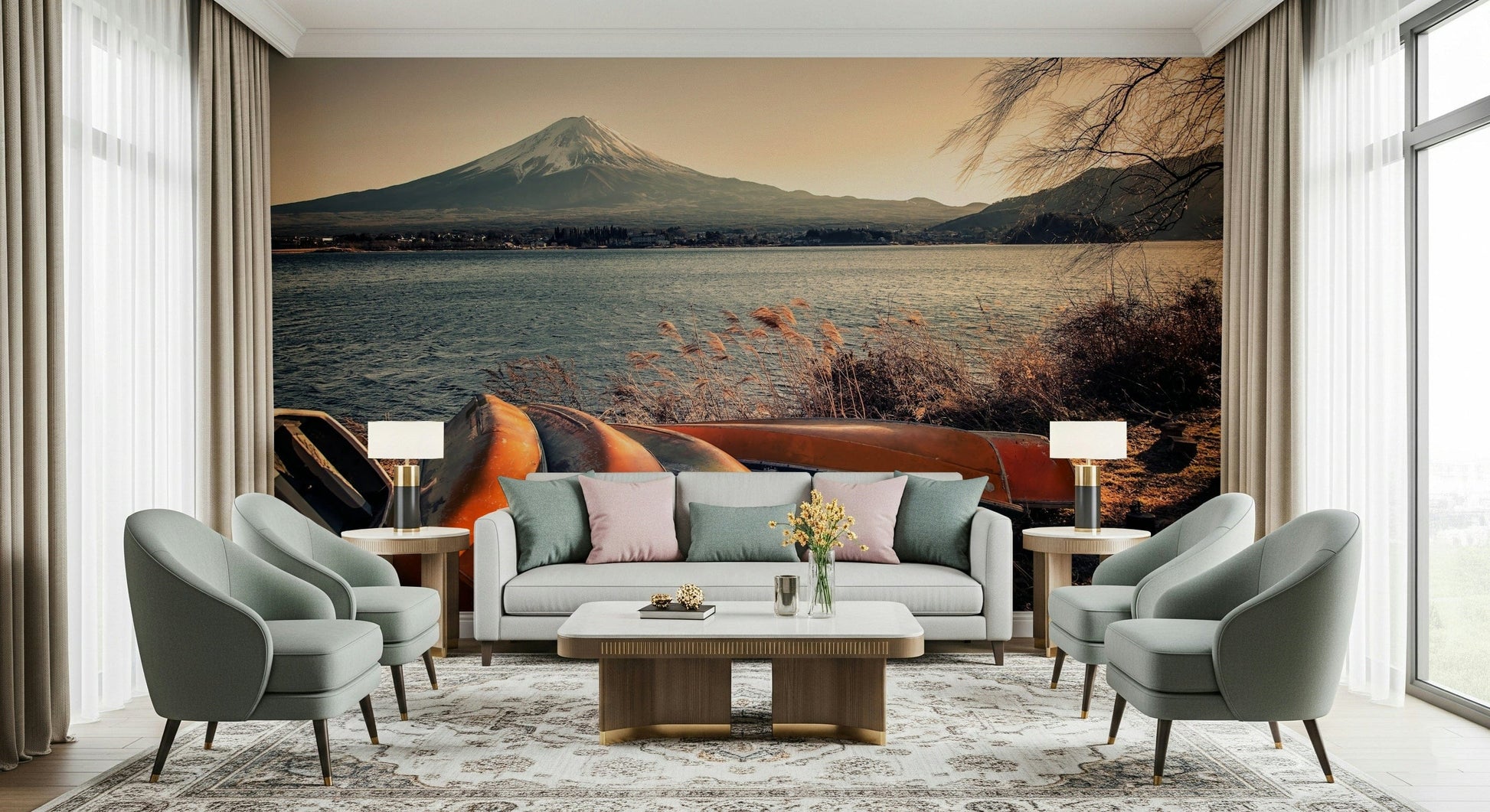 Snow-capped peak in a Fuji's Lakeside Calm wall mural for bedrooms.