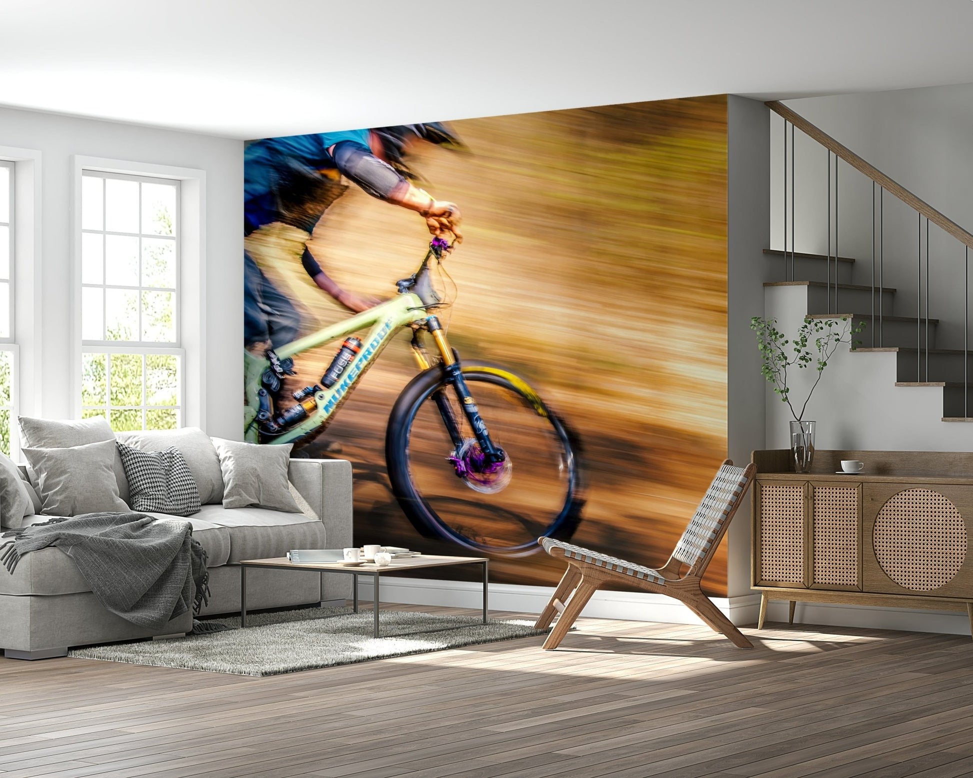 An artistic vibrant movement mural on minimalist wallpaper., GD5846