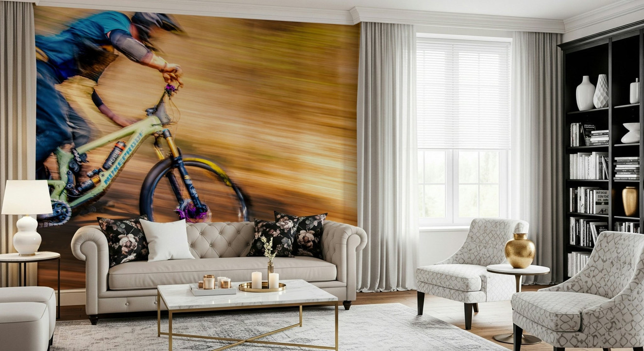 A beautiful dynamic mountain bike wallpaper mural of an extreme sport scene.