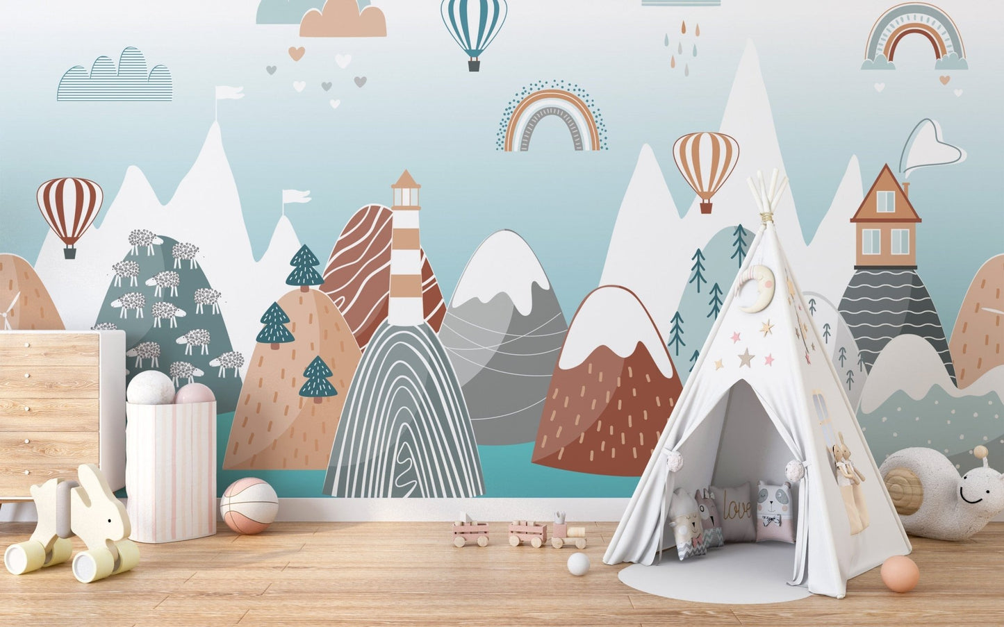Kids wallpaper with whimsical mountains and sea A893