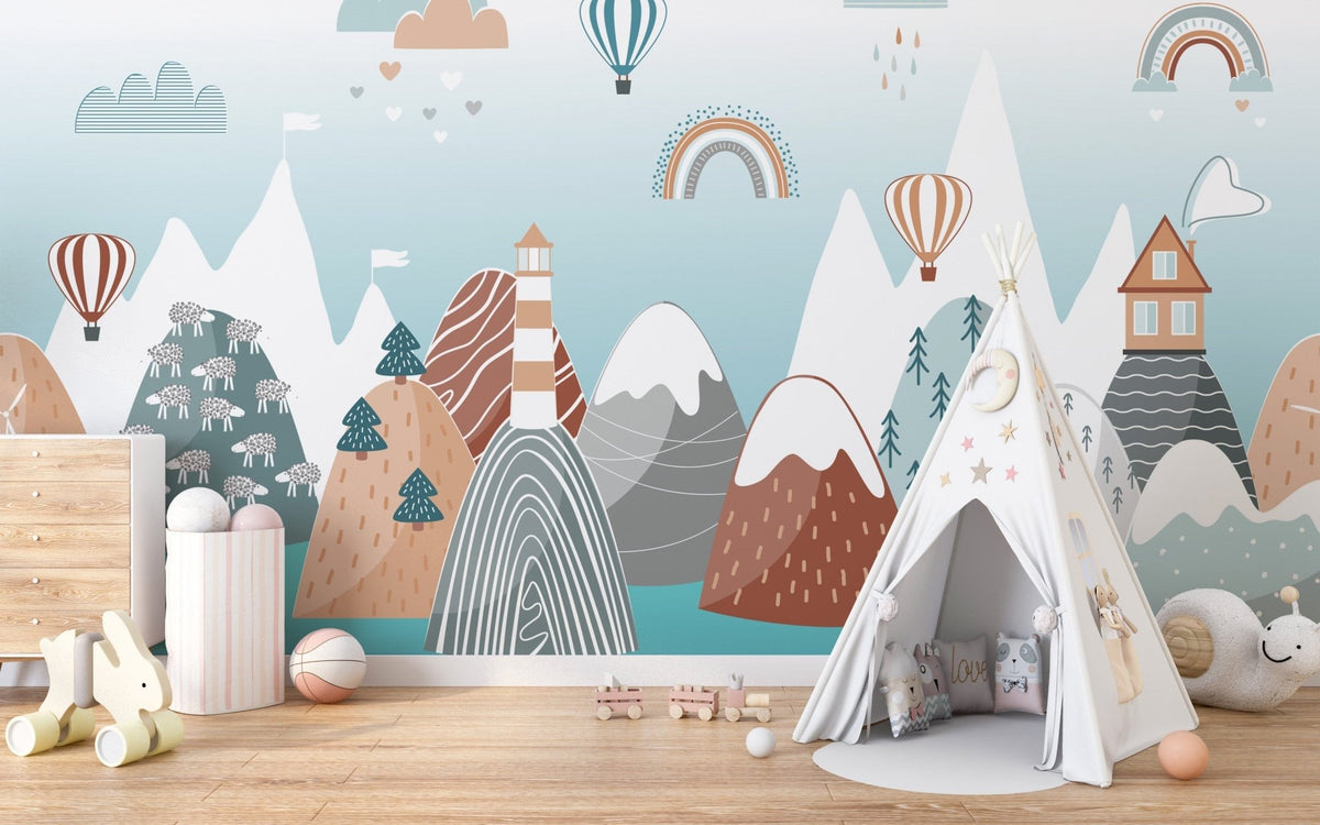 Kids wallpaper with whimsical mountains and sea A893