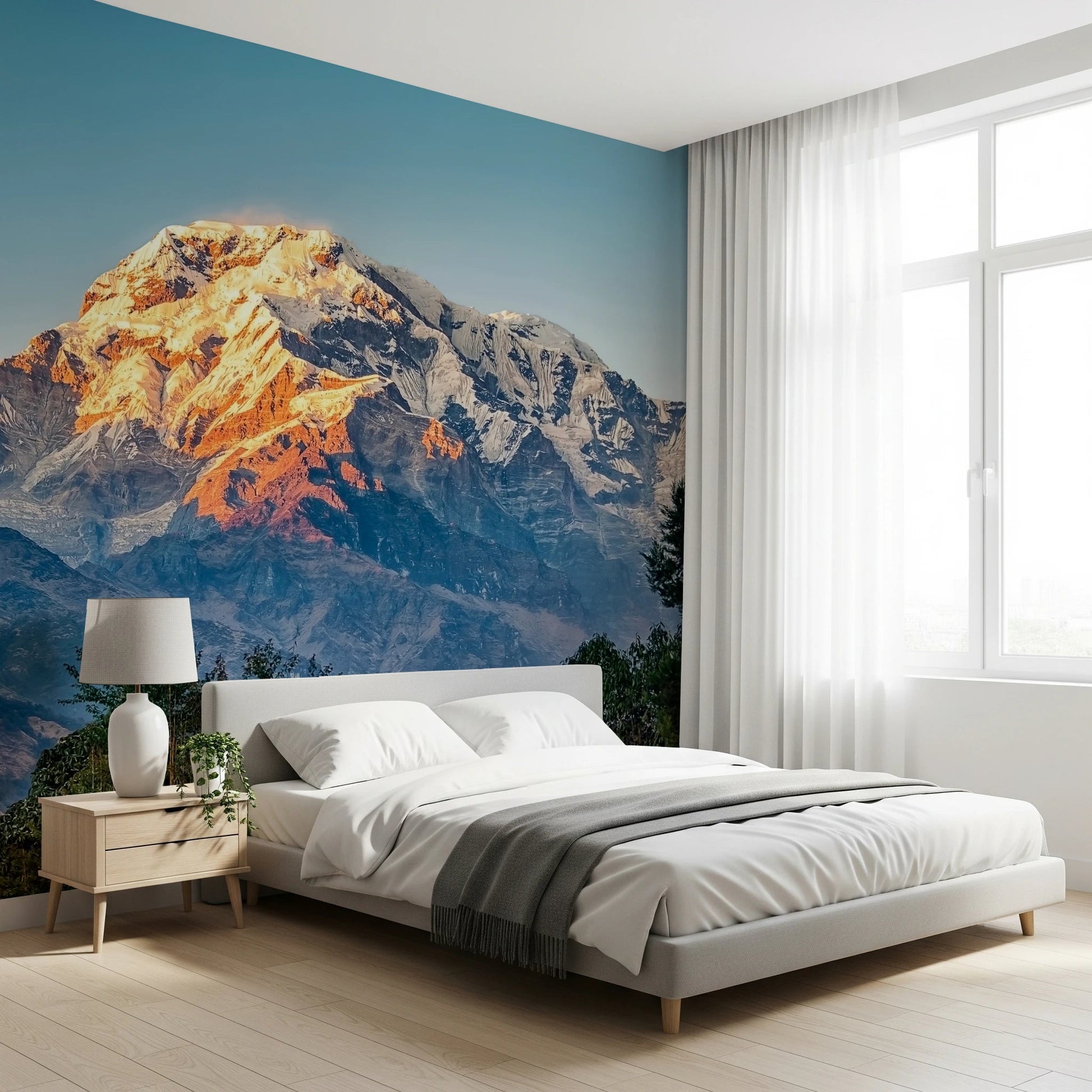 Golden hour mountain scenery wall mural for modern home interiors.
