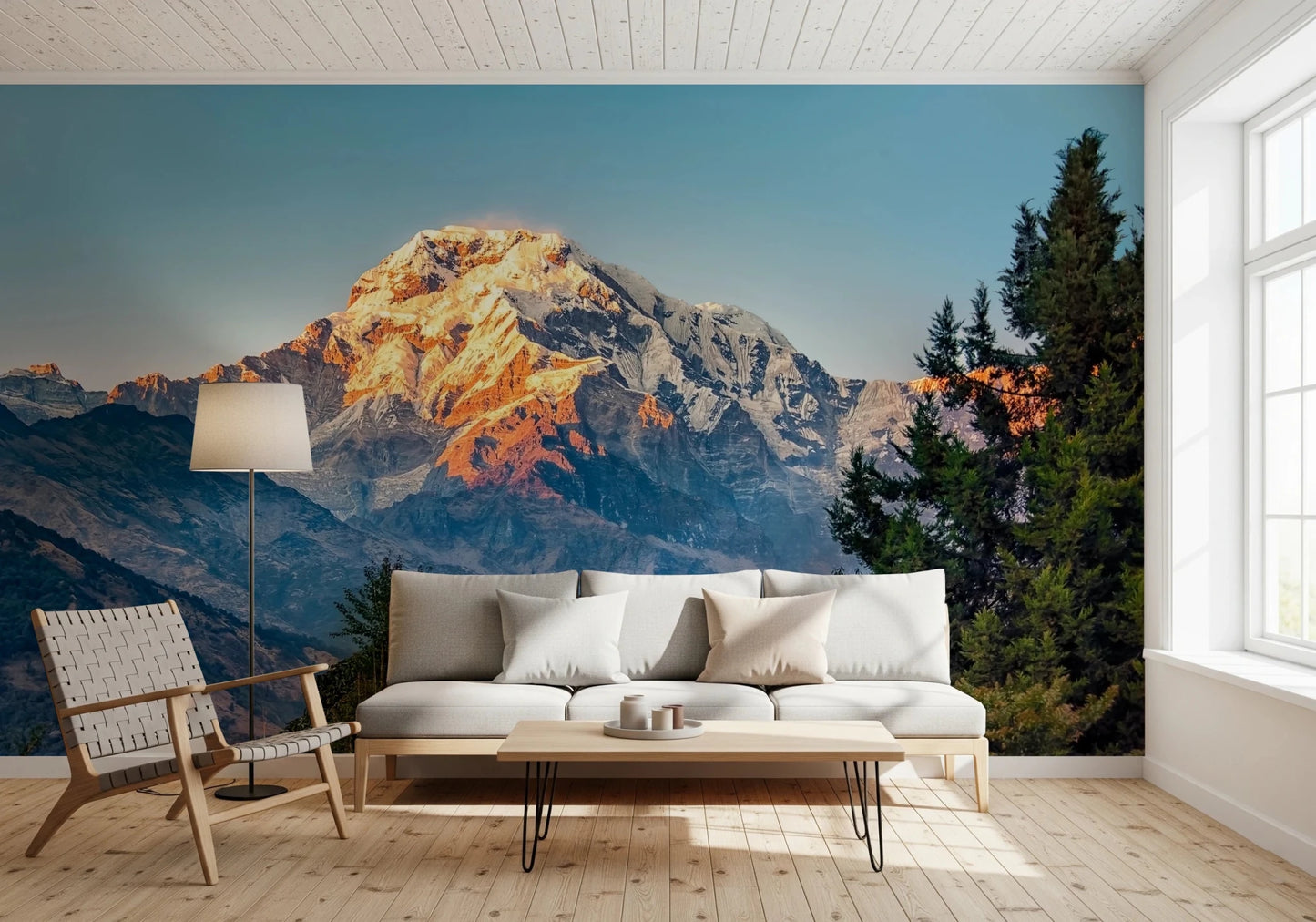Snowy mountain peak wall mural with green trees for bedroom décor.