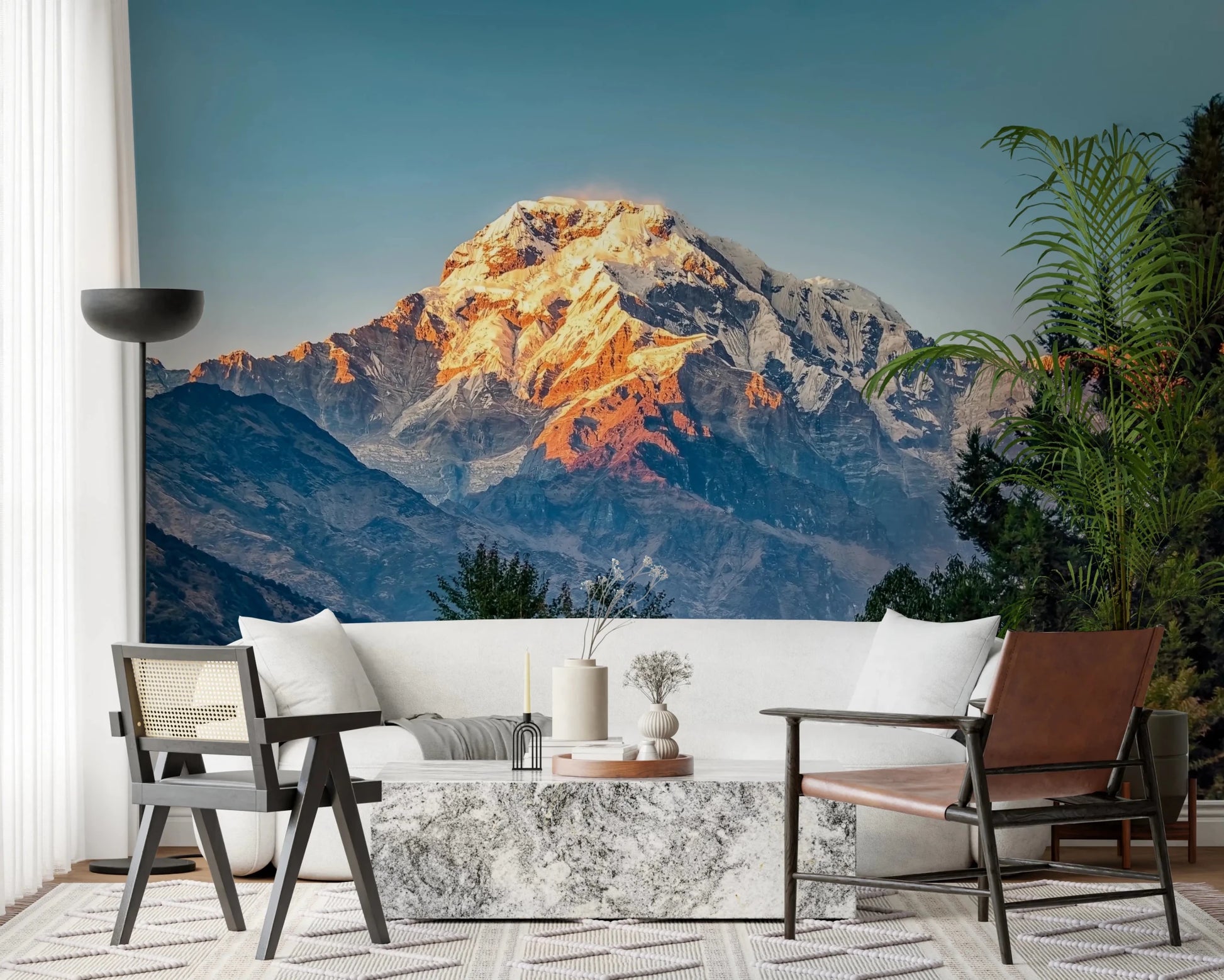 Nature inspired wallpaper for office with orange sunrise mountain view.