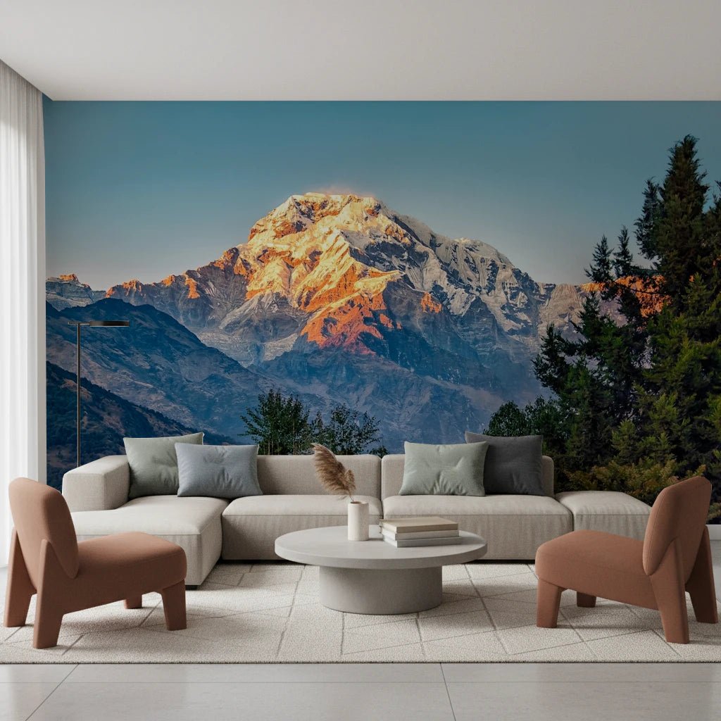 Mountain Dawn Wall Mural for living room featuring golden peaks wallpaper.