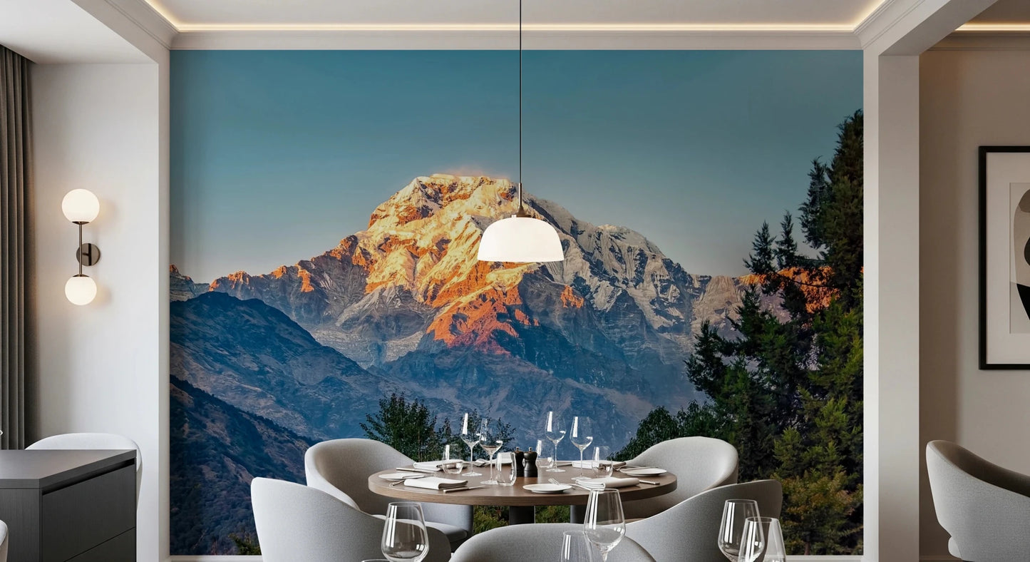 Earthy tone mountain wallpaper for lounge area wall decoration.