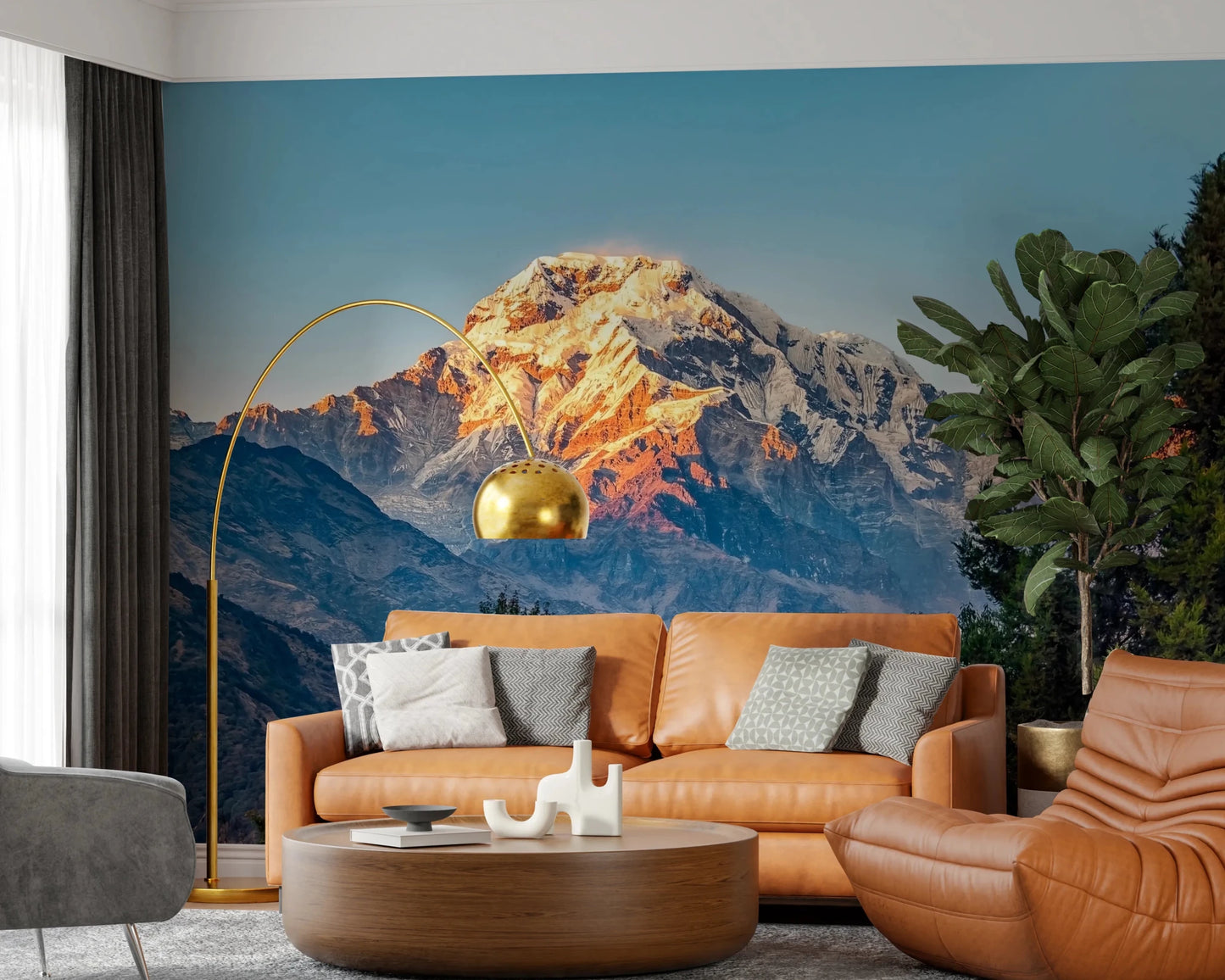Mountain Dawn Wall Mural in blue and gold tones for feature wall.