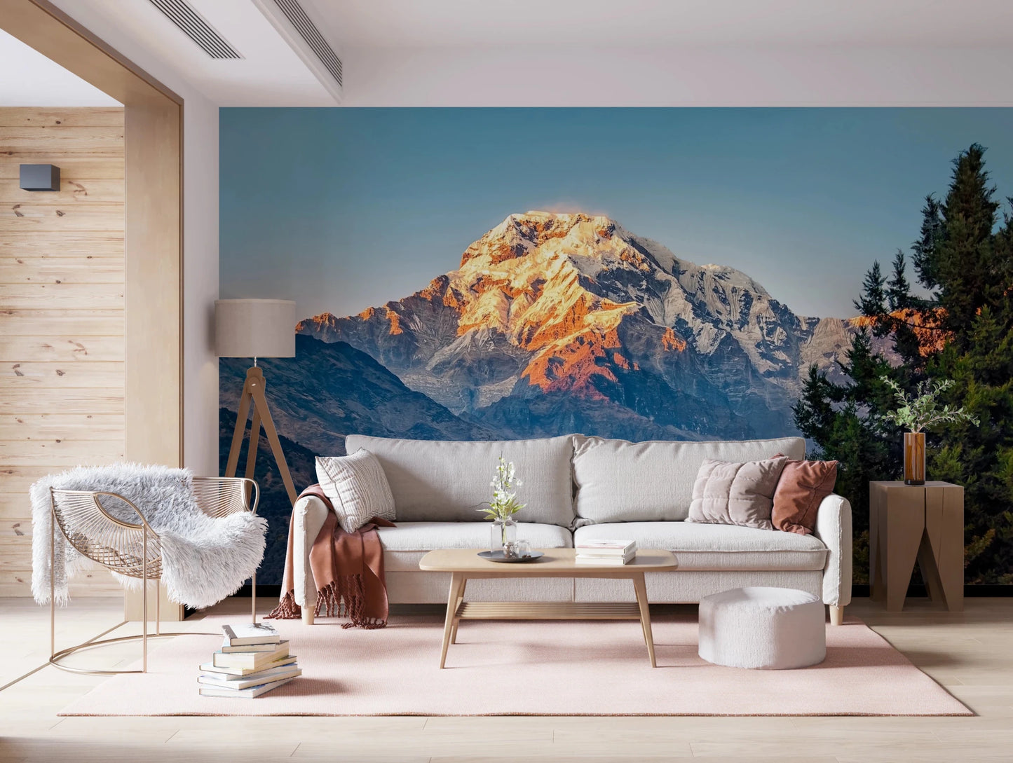 Scenic mountain range wall mural for hospitality and hotel rooms.