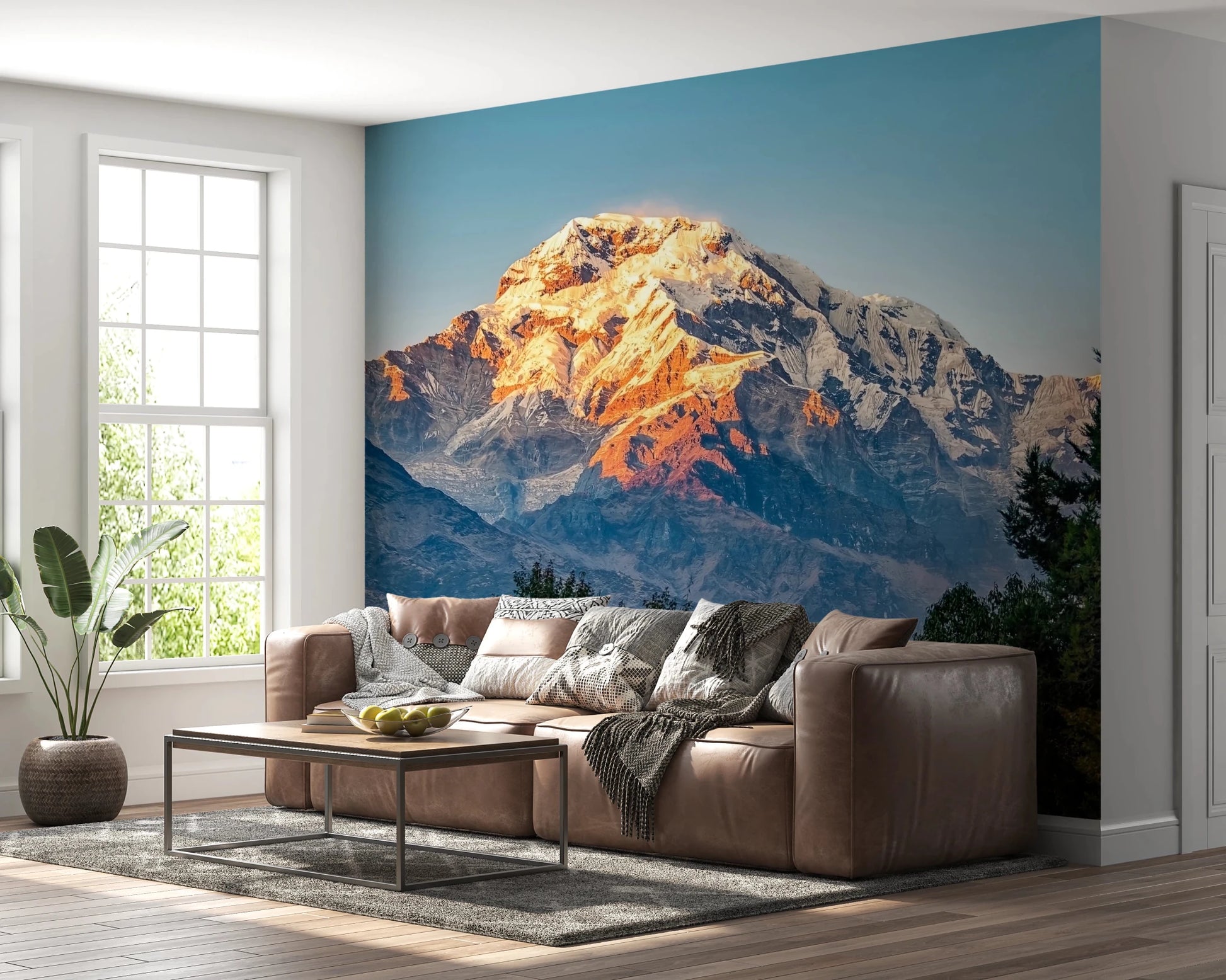 Mountain Dawn Wall Mural showcasing snow and rocky terrain wallpaper.
